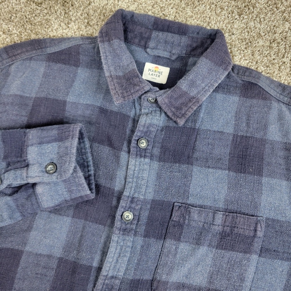Marine Layer Mens Large Blue Buffalo Plaid Button Up Flannel Long Sleeve